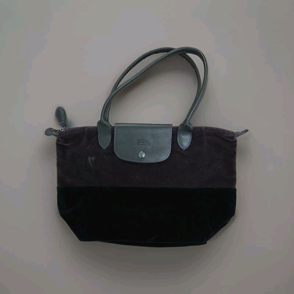 Longchamp Two-Tone Black and Dark Brown Velvet Tote